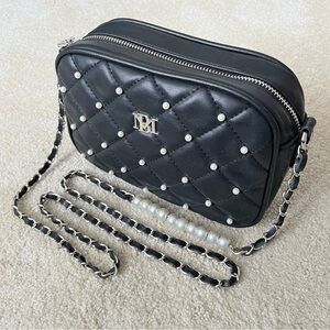 Badgley Mischka Quilted Crossbody Purse Bag Black & Pearl Luxury Designer EUC